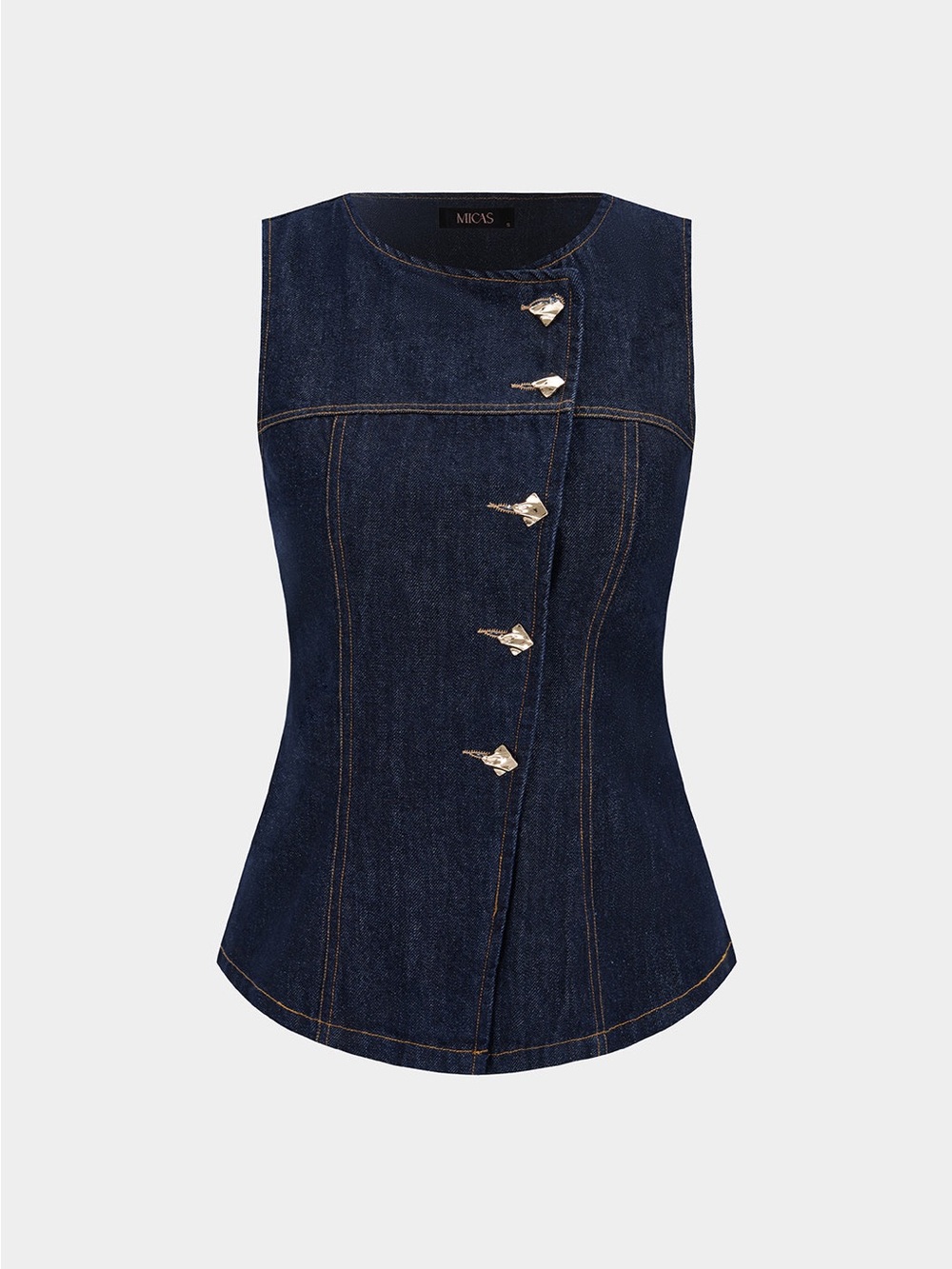 Micas Denim Round Neck Asymmetrical Metallic Button Tank Top L LL3-34